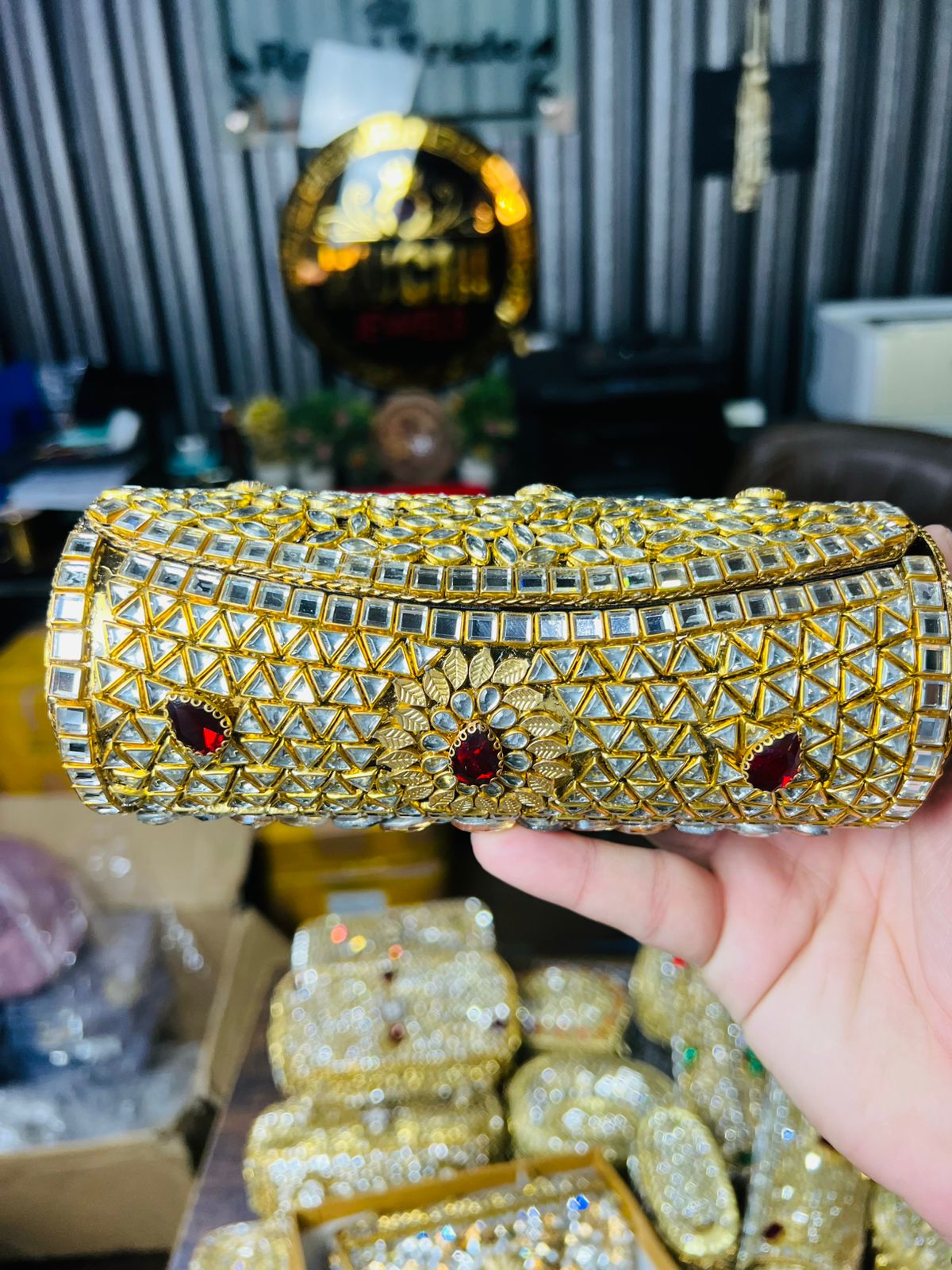 Large Cylinder Shape Kundan Work Bag 5-K