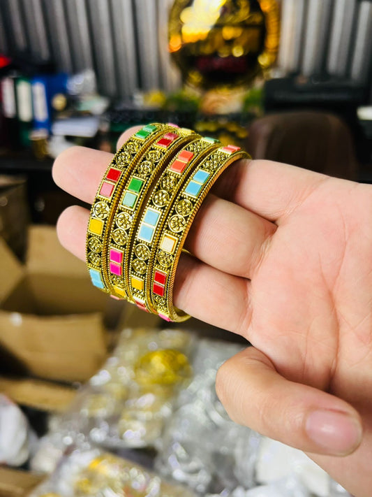 4 Piece Colorful Stylish Kara (Bracelet) Set {Size 2.5 (Dhai)}