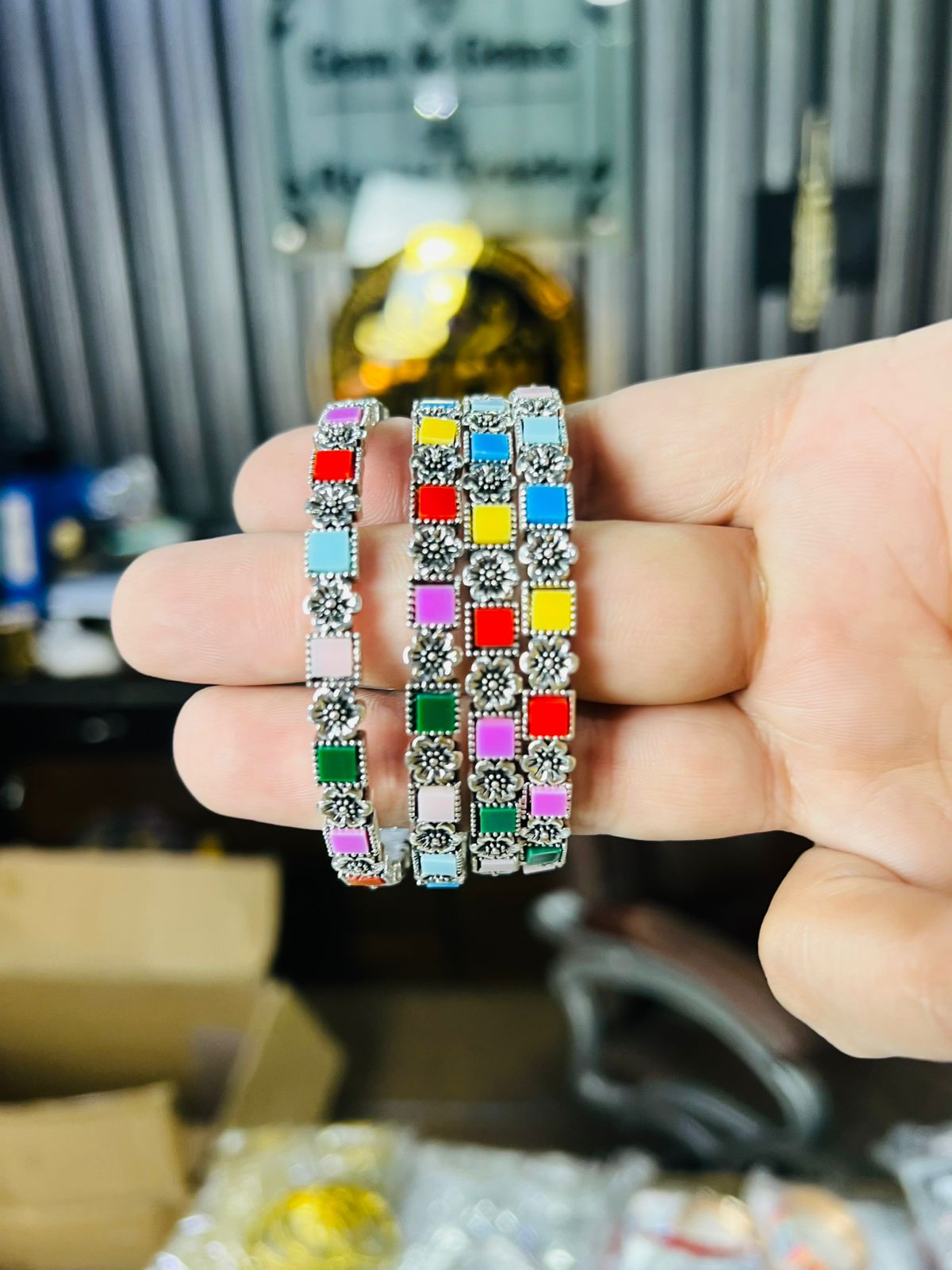 4 Piece Colorful Stylish Kara (Bracelet) Set {Size 2.5 (Dhai)}