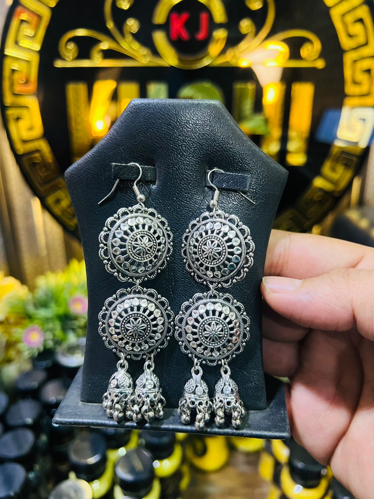 Double Round Oxidized Jumki Earrings