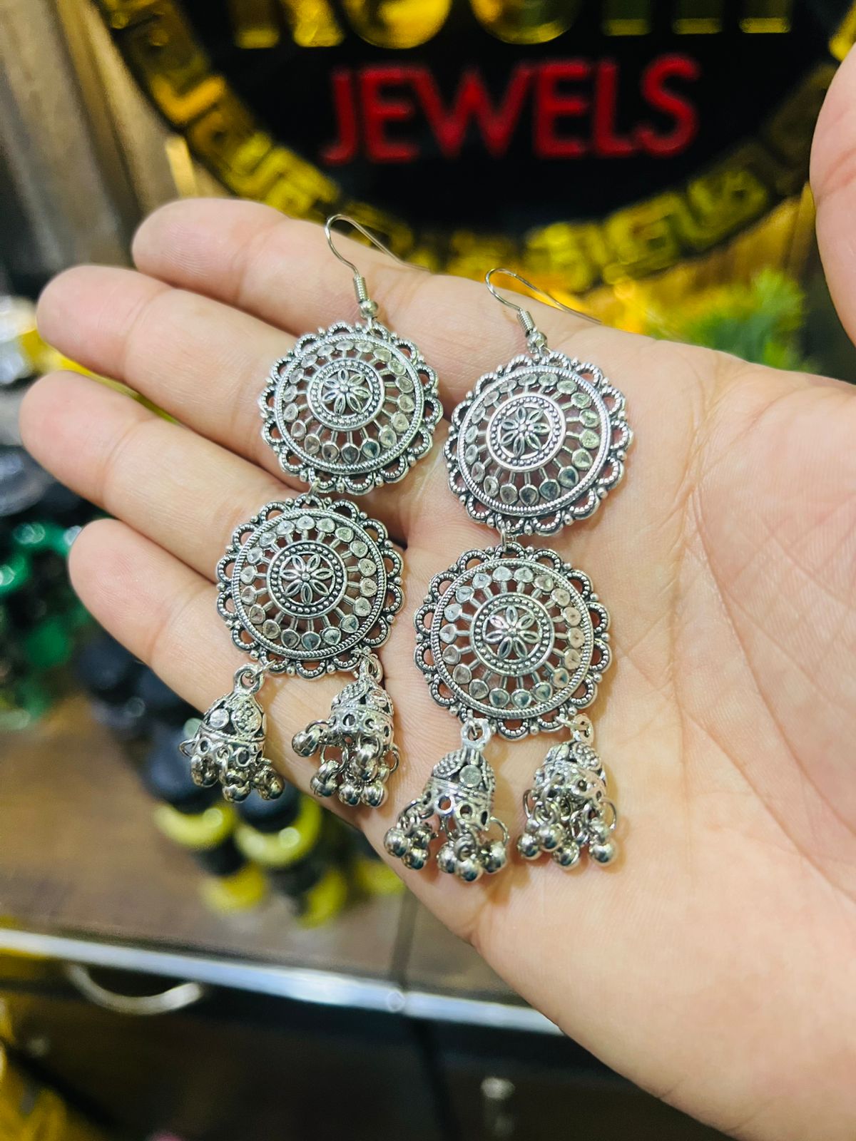 Double Round Oxidized Jumki Earrings