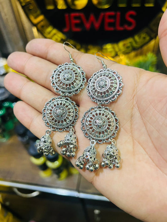 Double Round Oxidized Jumki Earrings