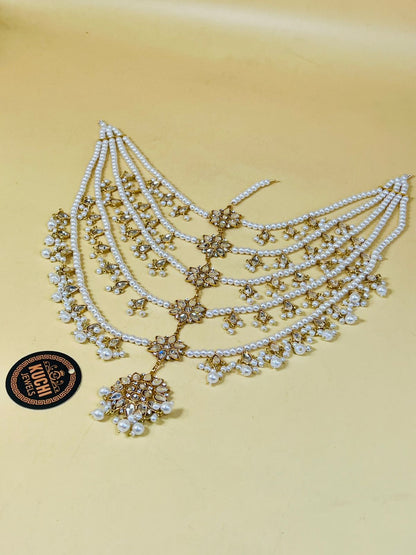 White Pearl And Kundan Work 6 Layer Head Piece