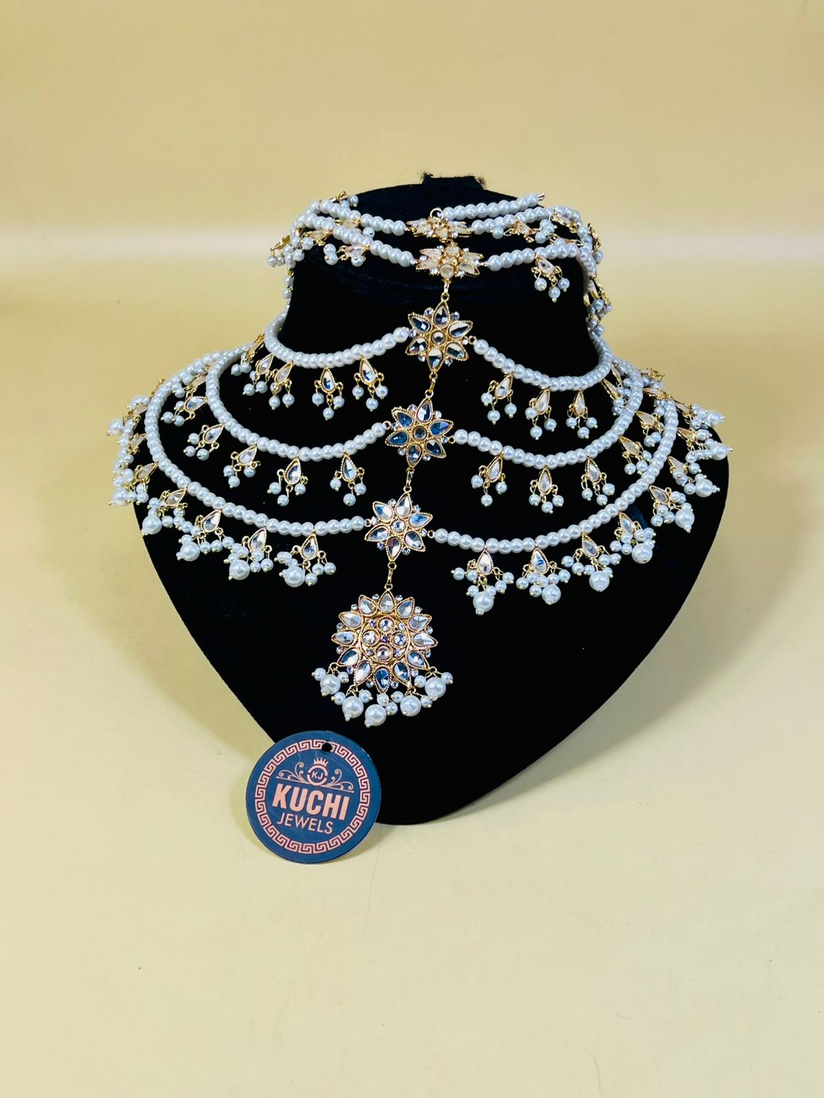 White Pearl And Kundan Work 6 Layer Head Piece