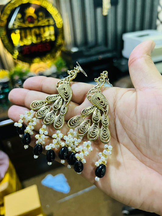 Peacock Golden Earrings With Different Pearl Options