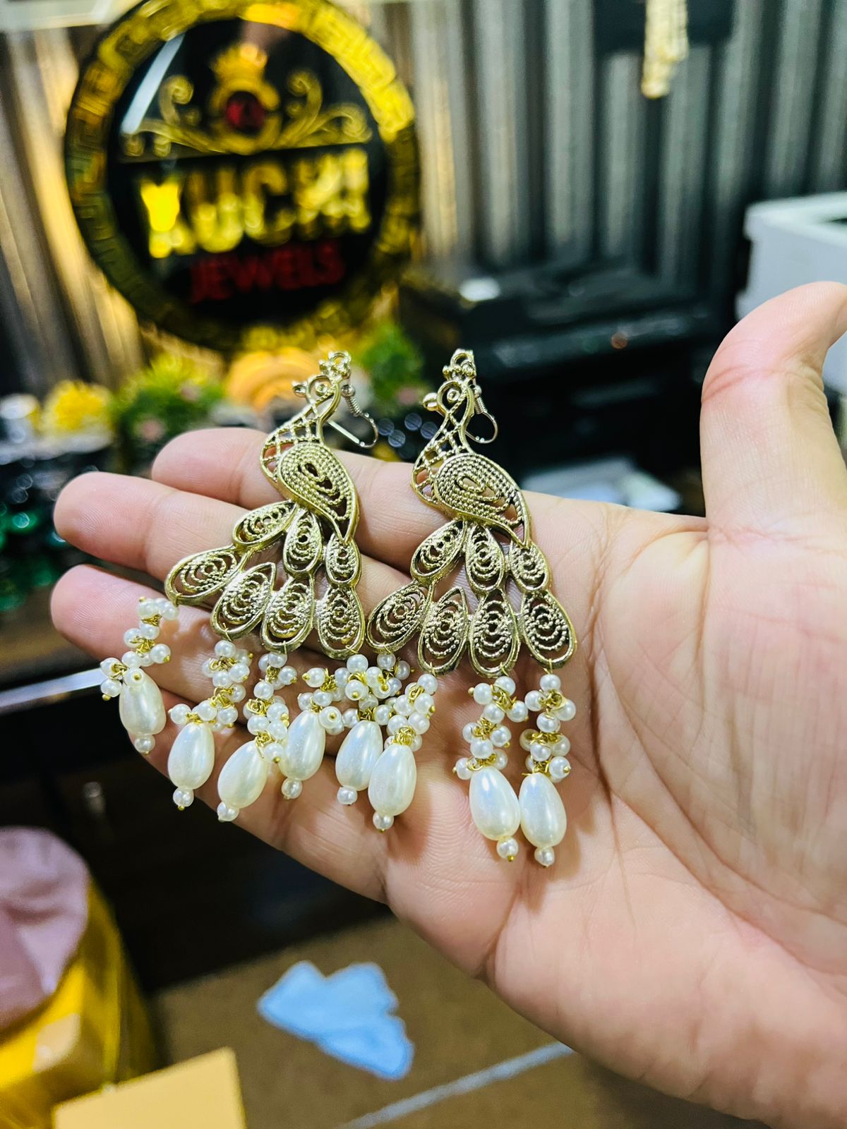 Peacock Golden Earrings With Different Pearl Options