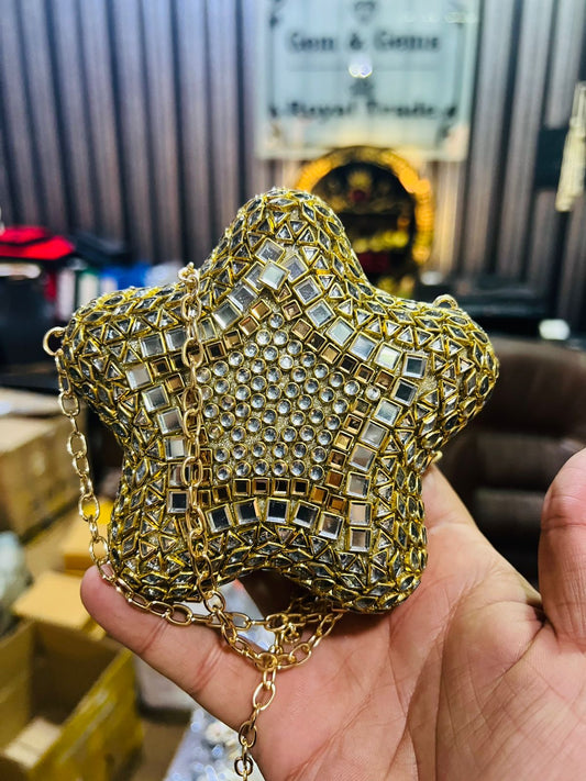 Star Shape Kundan Work Hand Bag (Green Stone)