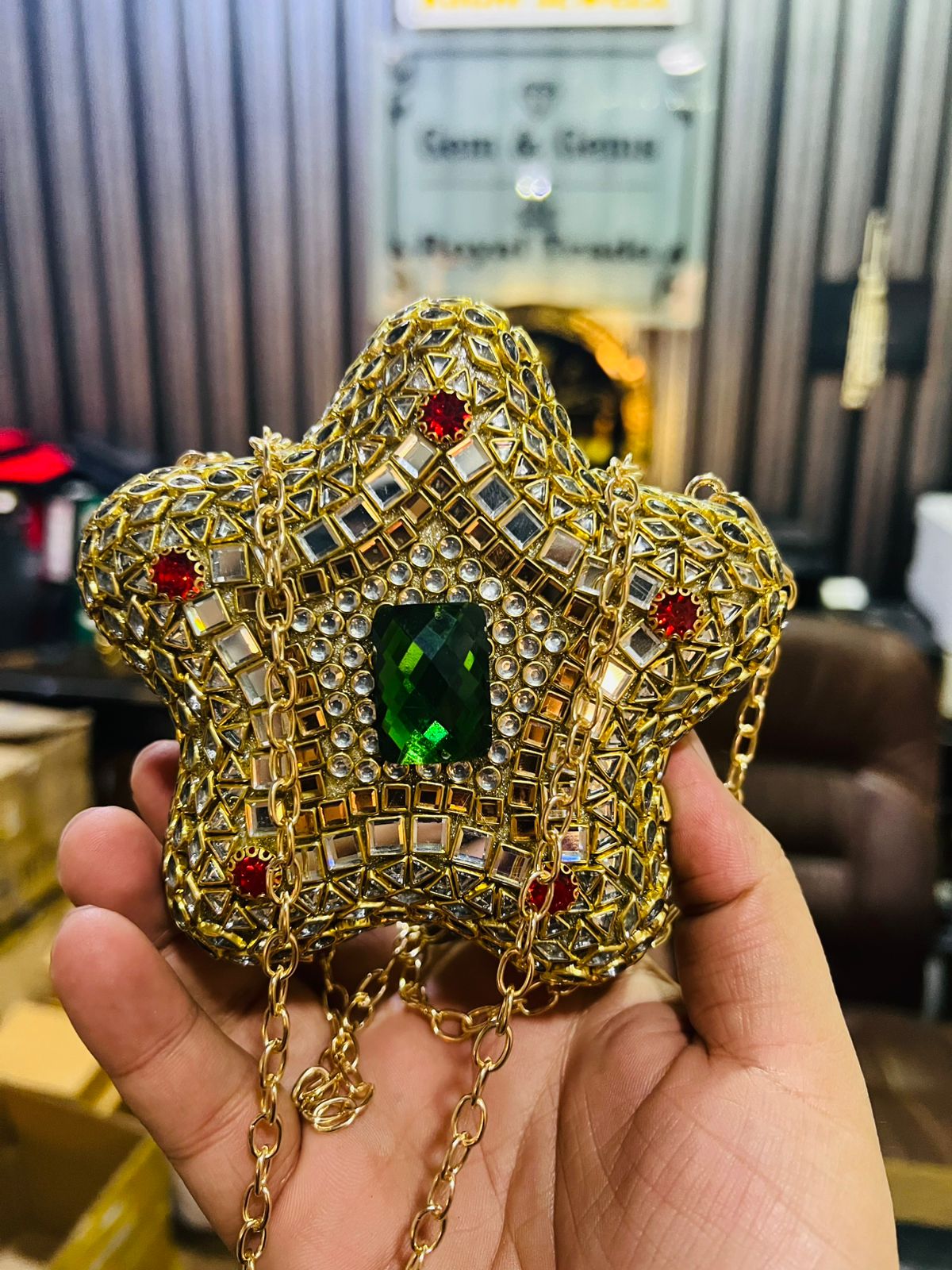 Star Shape Kundan Work Hand Bag (Green Stone)