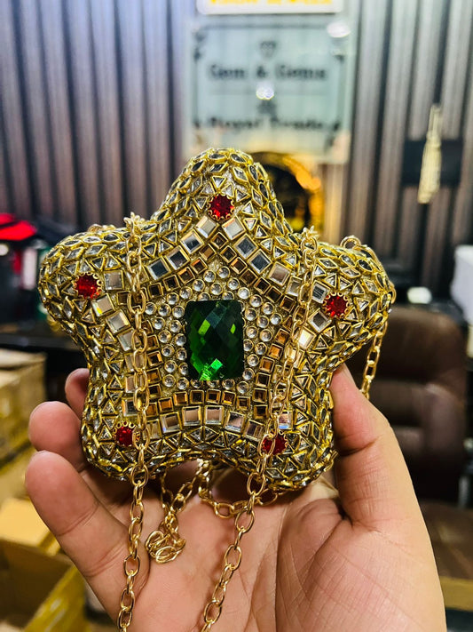 Star Shape Kundan Work Hand Bag (Green Stone)