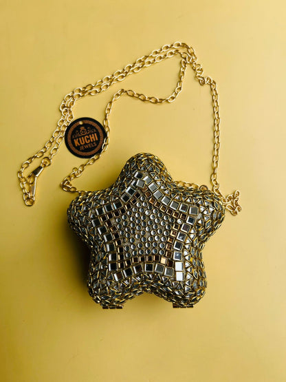 Star Shape Kundan Work Hand Bag (Green Stone)