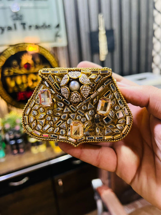 Mini Kundan Metal Bag Mughlia Shape (Golden Stone) Hani-4