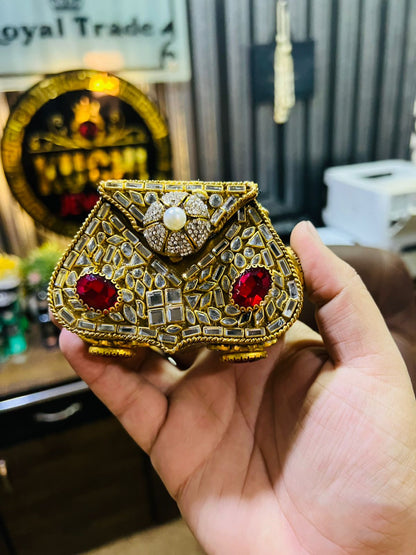 Mini Kundan Metal Bag Mughlia Shape (Red Stone) Hani-2