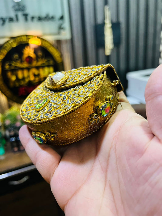 Mini Kundan Metal Bag D Shape (Green-Pink Stone) Hani-9
