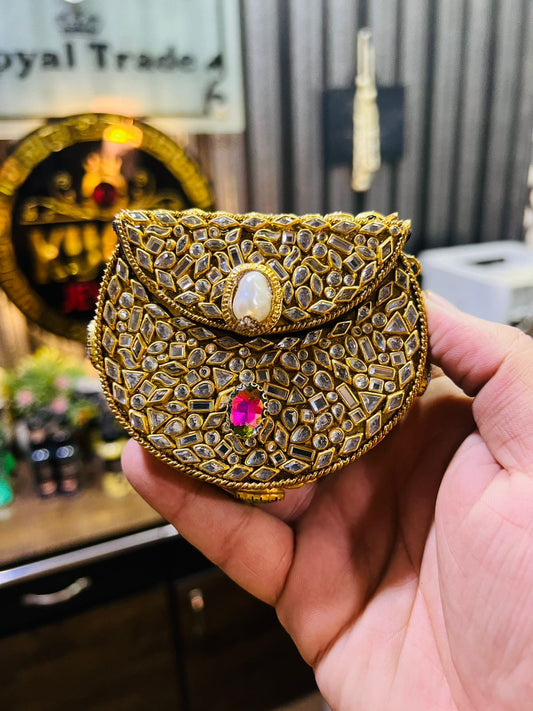 Mini Kundan Metal Bag D Shape (Green-Pink Stone) Hani-9