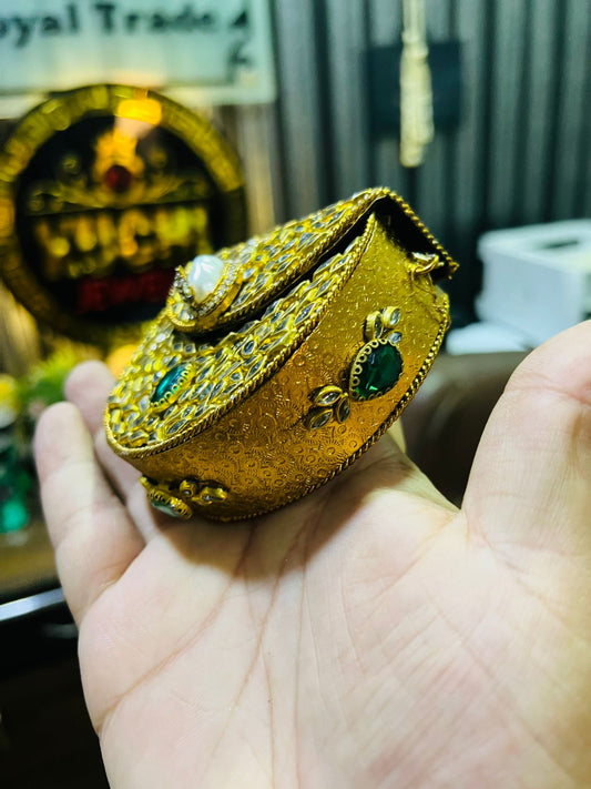 Mini Kundan Metal Bag D Shape (Green Stone) Hani-6