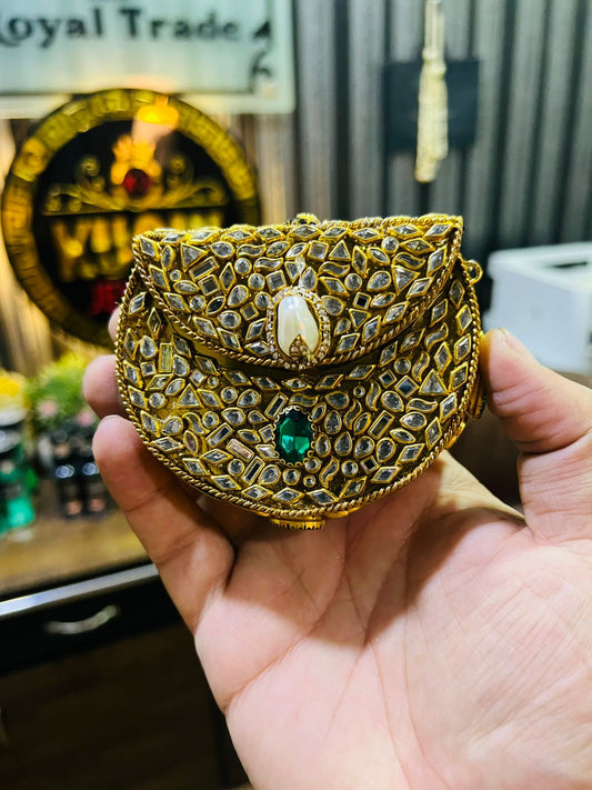Mini Kundan Metal Bag D Shape (Green Stone) Hani-6