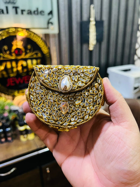 Mini Kundan Metal Bag D Shape (Golden Stone) Hani-5