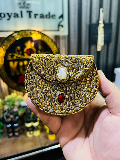 Mini Kundan Metal Bag D Shape (Red Stone) Hani-7