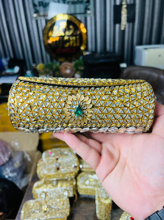 Large Cylinder Shape Kundan Work Bag 13-K