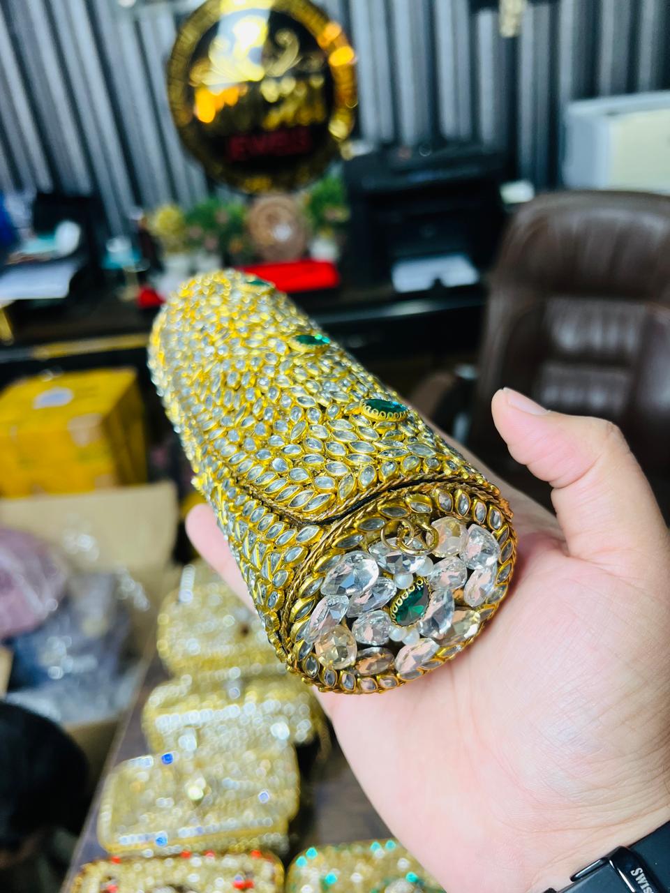 Large Cylinder Shape Kundan Work Bag 11-K