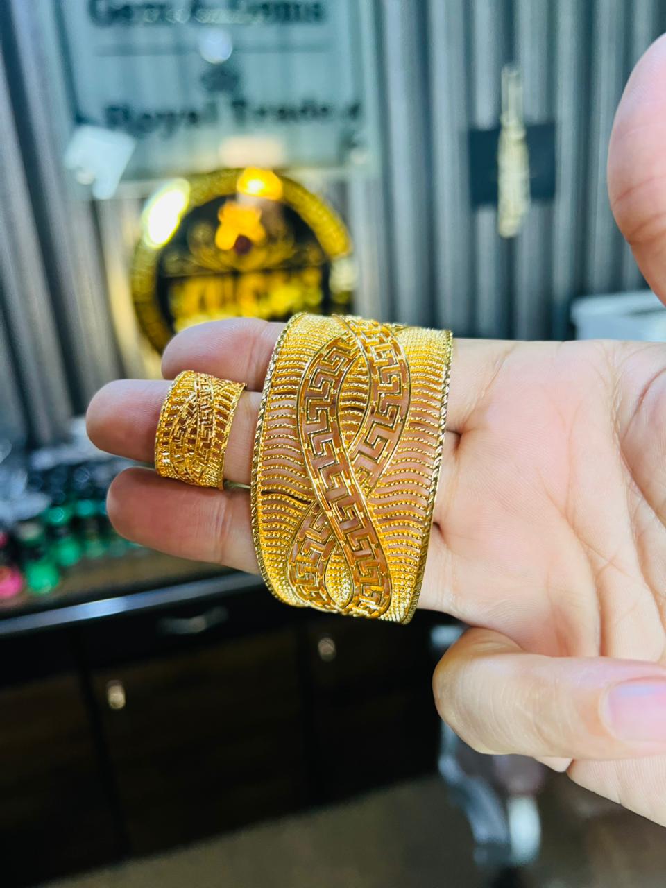 Gold Plated Adjustable Bracelet & Ring - Lining Design