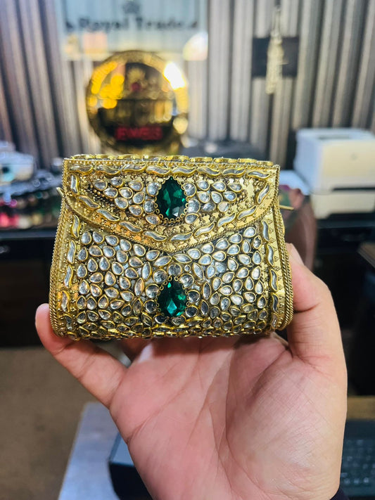 Medium Kundan Golde Bag Square shape Green Stone BB-K7