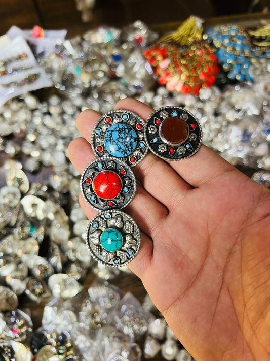 Vintage Afghan Multicolor Stone Stud Rings