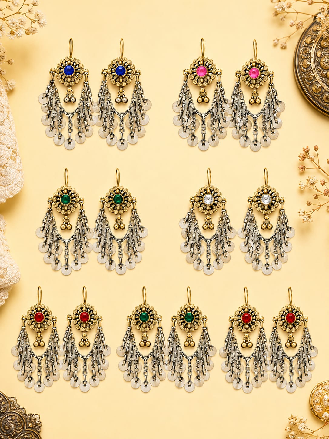 Kuchi Metal Chain Multi Stone Earrings
