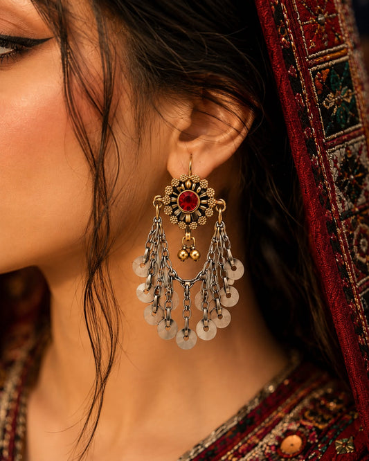 Kuchi Metal Chain Multi Stone Earrings