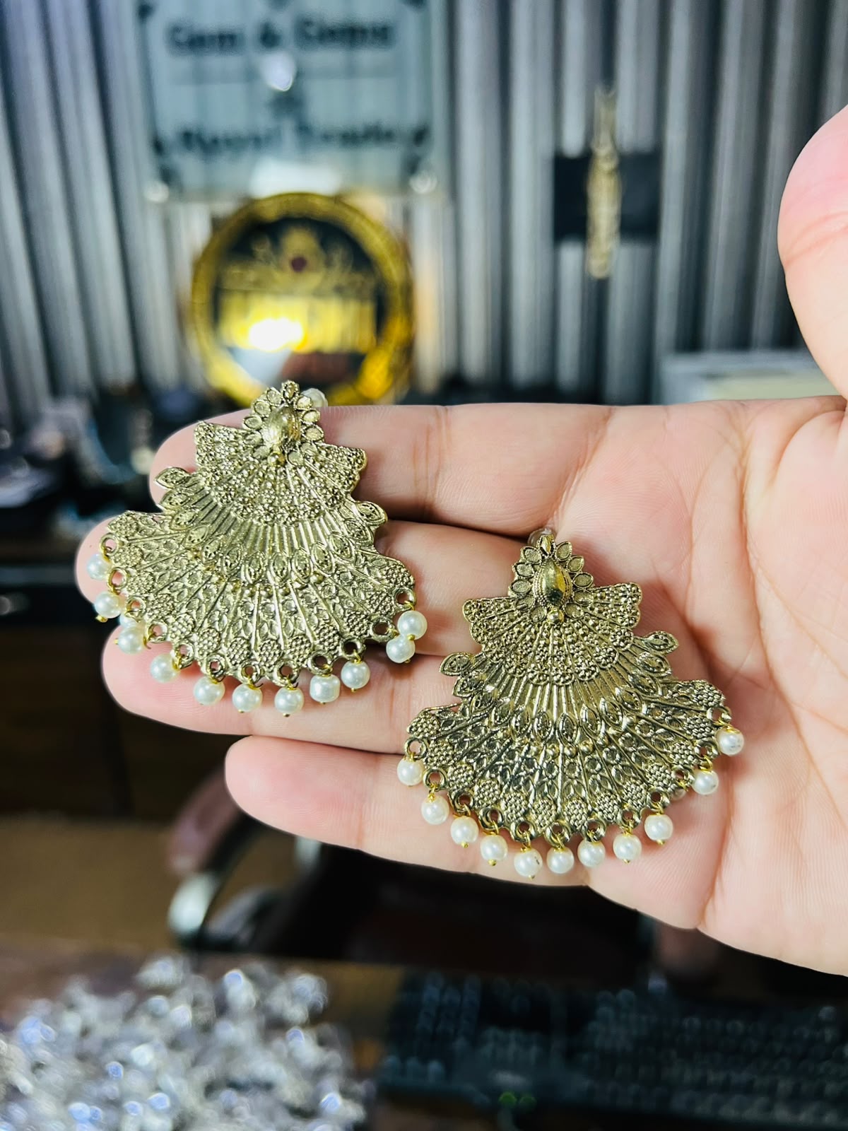 Golden Floral Fan Jhumka Earrings