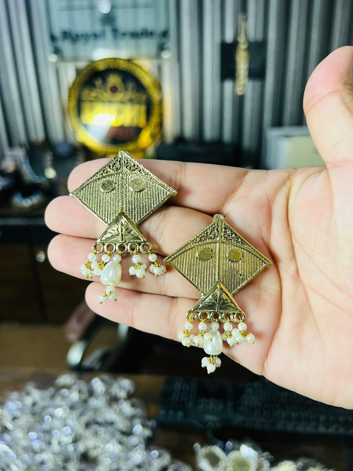 Golden Kite White Pearl Earrings