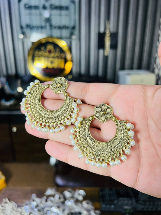Golden Antique Pearl Chandbali Earrings