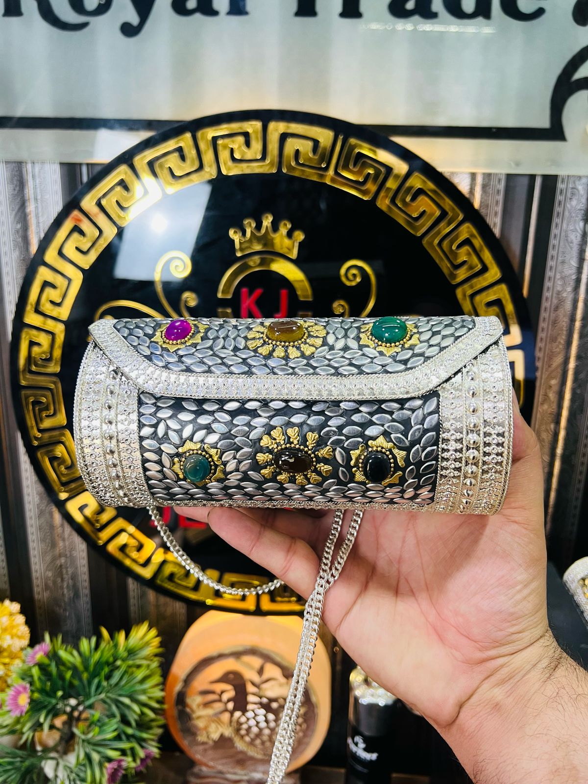 Capsule Shape Stone Metal Silver Bag