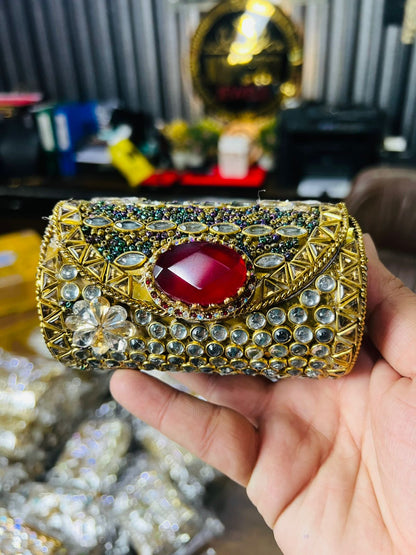 Medium Cylinder Shape Metal Kundan Bag-11