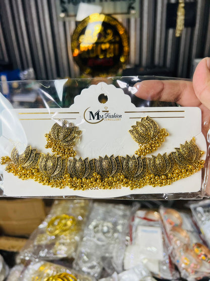 Tulip Flower Oxidized Golden Choker Set