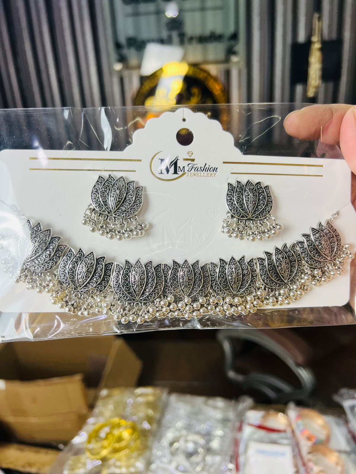 Tulip Flower Oxidized Silver Choker Set