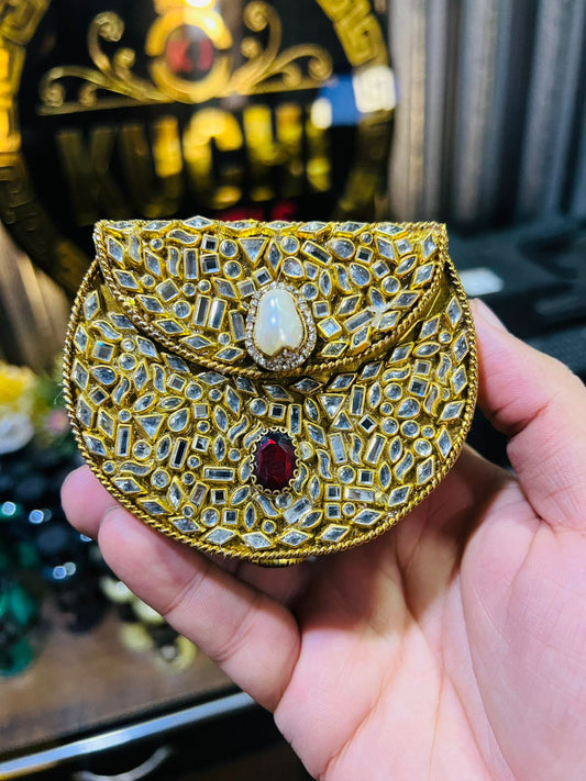 Mini Kundan Metal Bag D Shape (Red Stone) Hani-7
