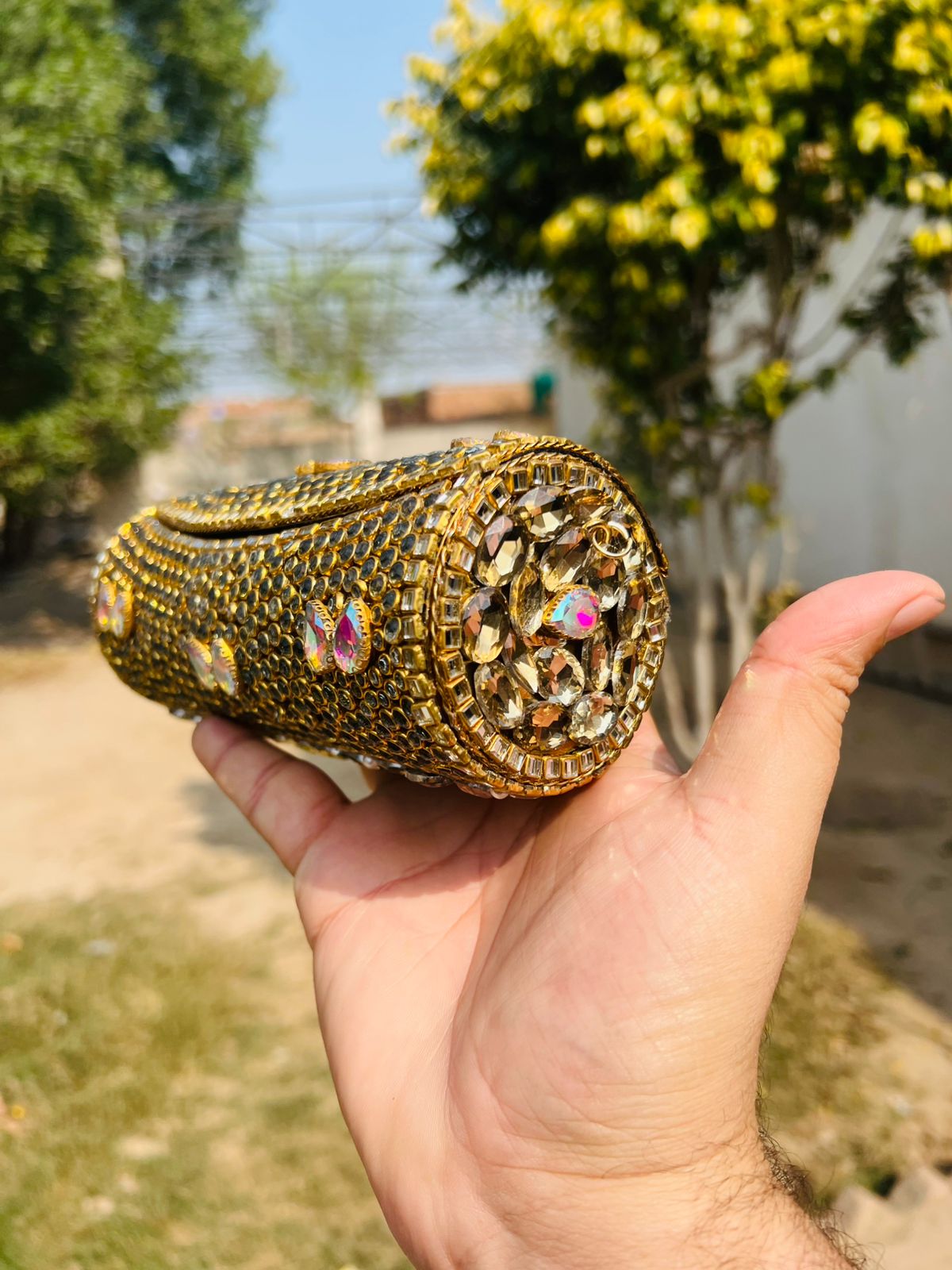 Large Cylinder Shape Kundan Work Bag 6-K