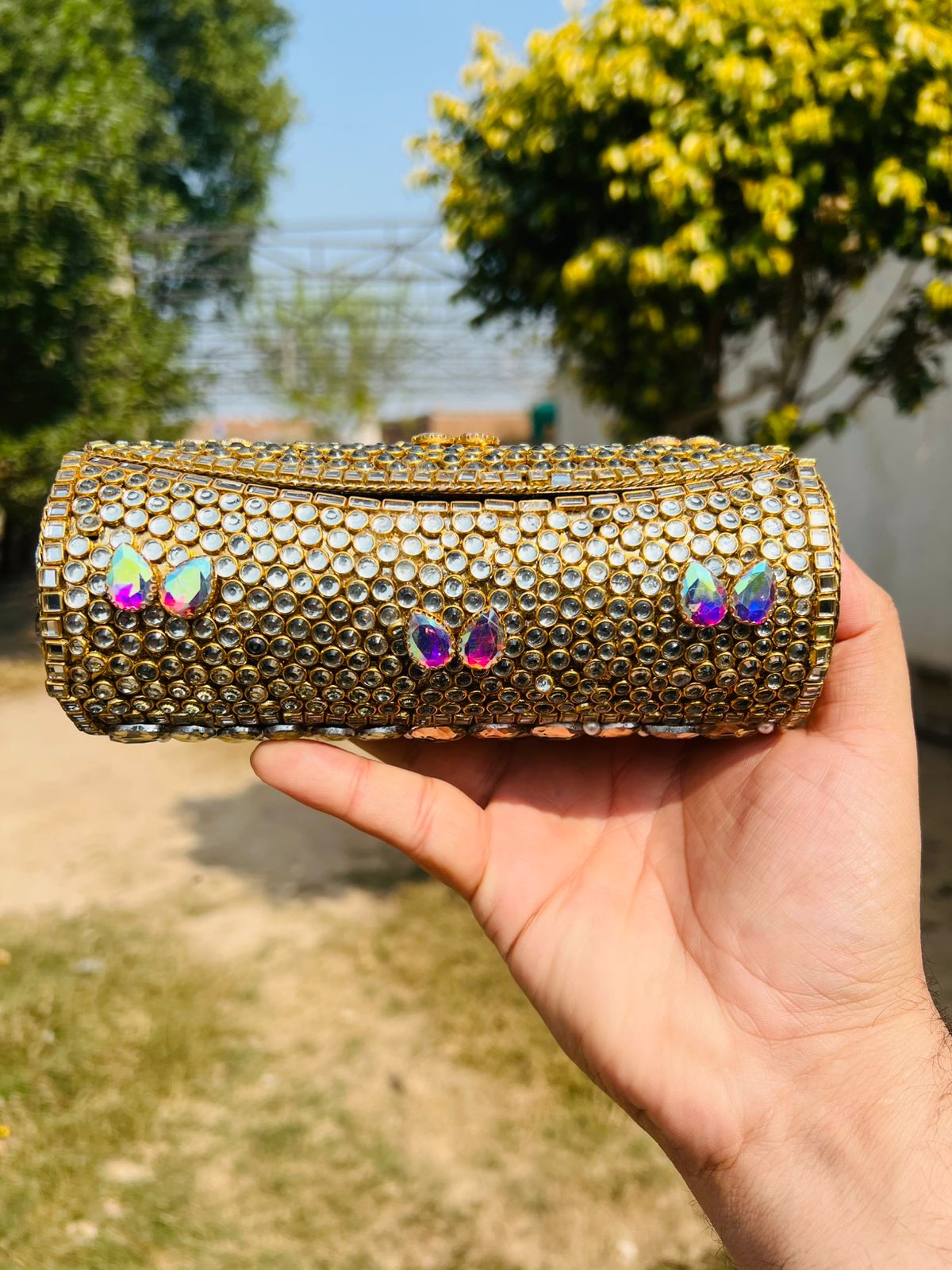 Large Cylinder Shape Kundan Work Bag 6-K