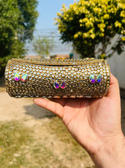 Large Cylinder Shape Kundan Work Bag 6-K