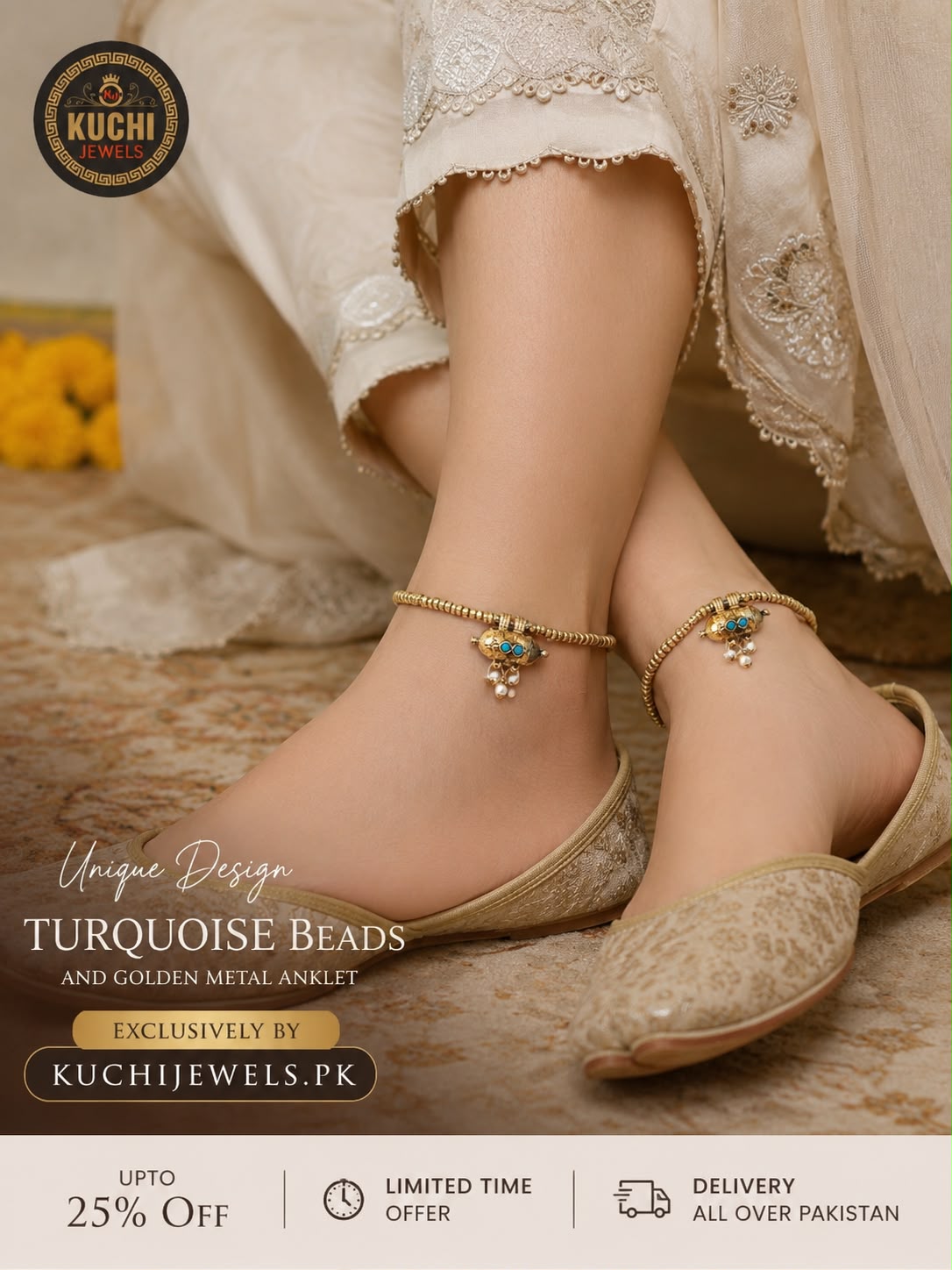 Turquoise Beads and Golden Metal Beads Anklets