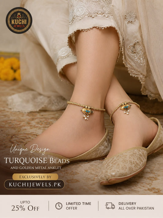 Turquoise Beads and Golden Metal Beads Anklets