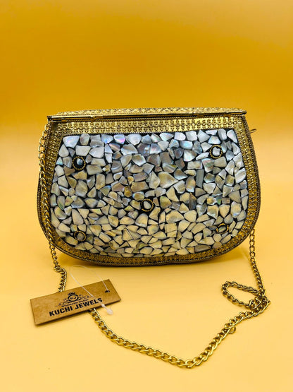 Mosaic Stone Indian Bag Large Golden White