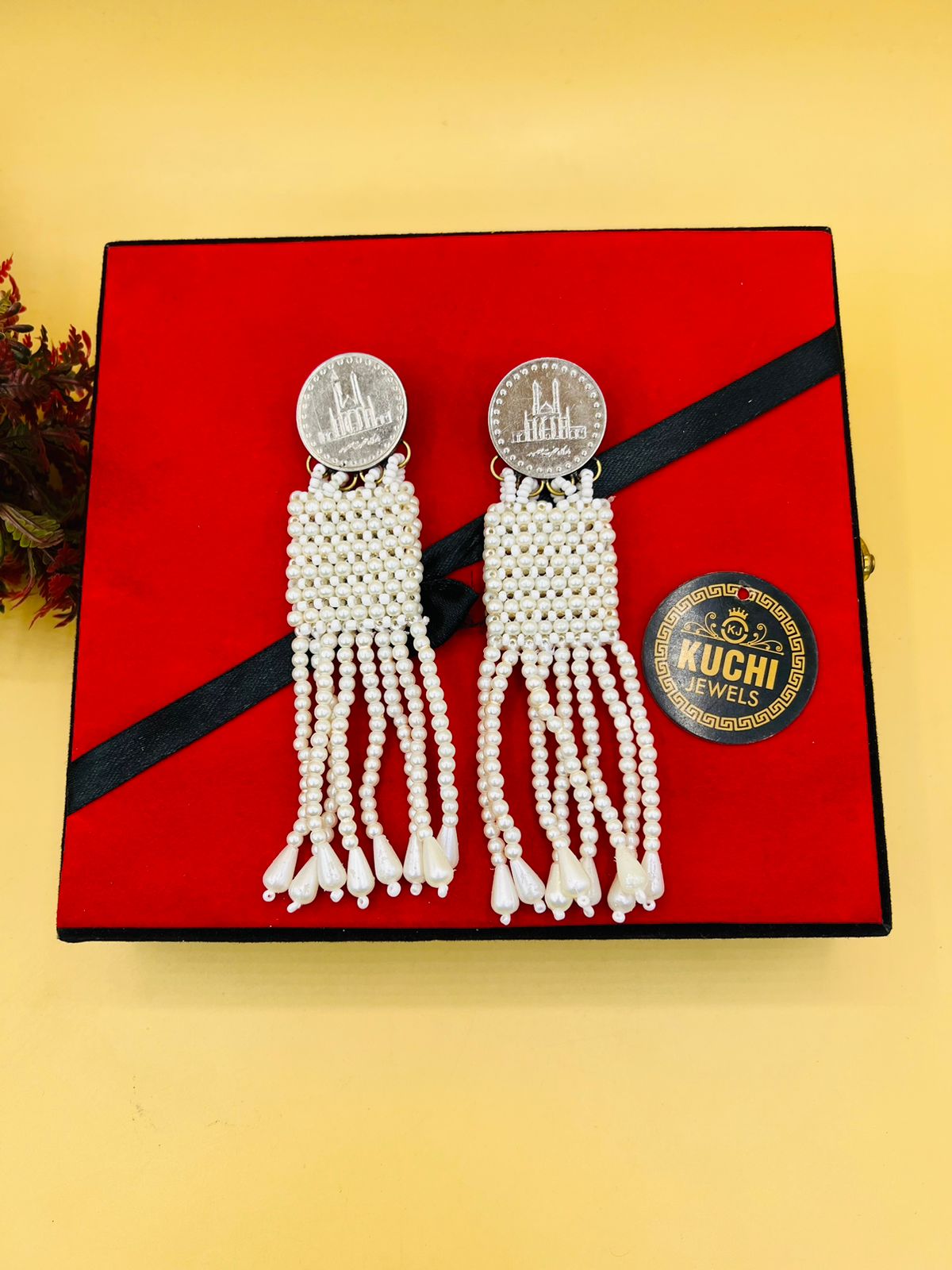 Off White Beaded Handmade Coin Earring