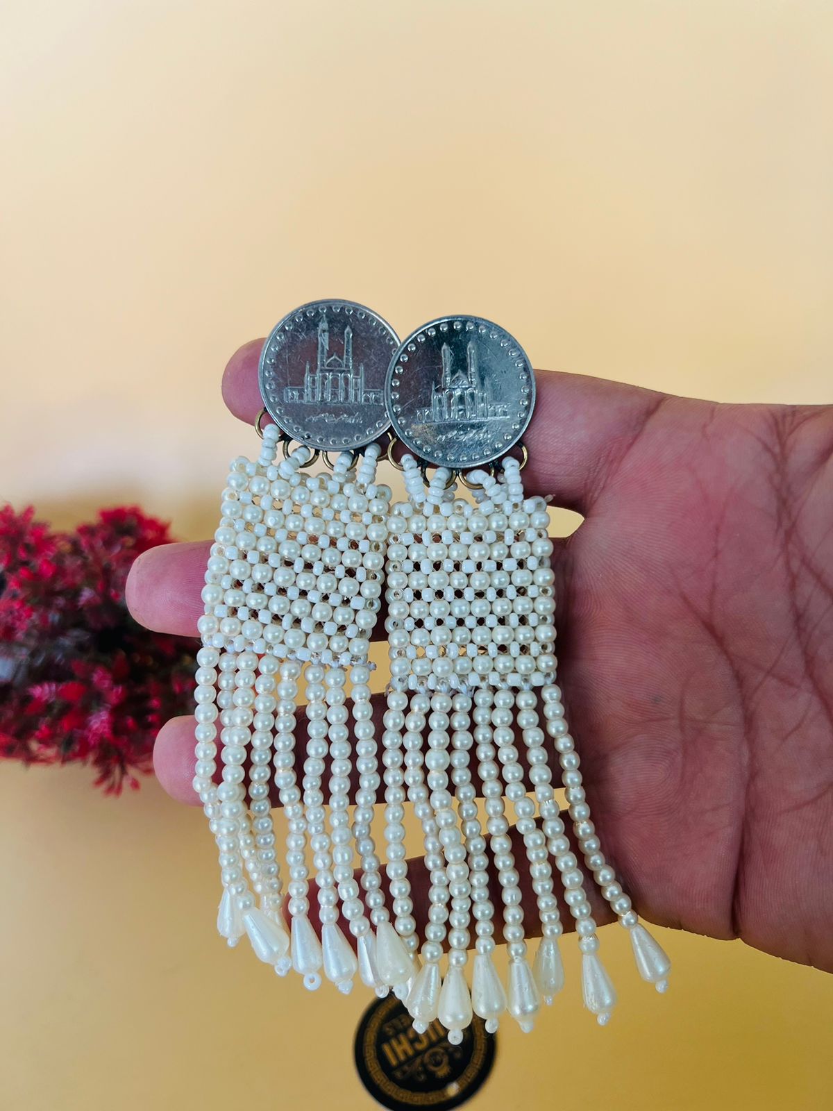 Off White Beaded Handmade Coin Earring