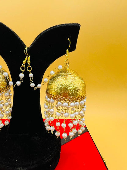 White Pearl Golden Jumka Earrings With Sahara