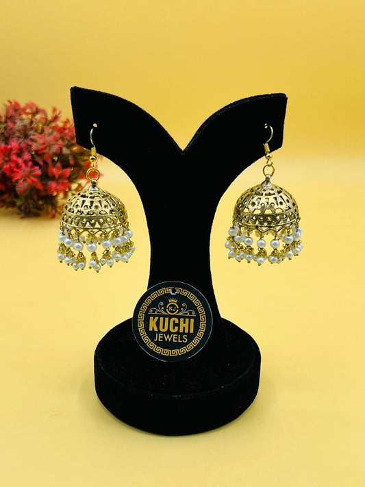 White Pearls Golden Jhumka Earrings