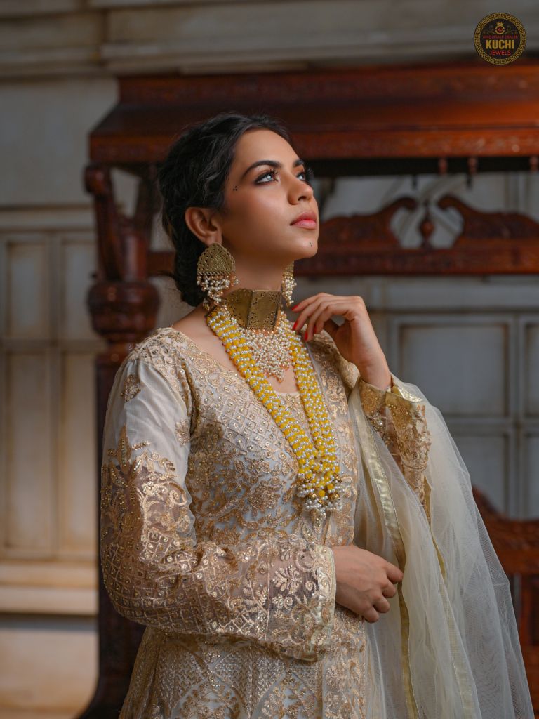 Yellow Pearl And Golden Beads Choker And Mala Set