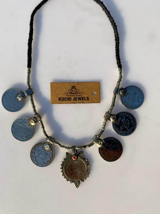 Antique Coins And Afghani Pendant Necklace With Golden Beads