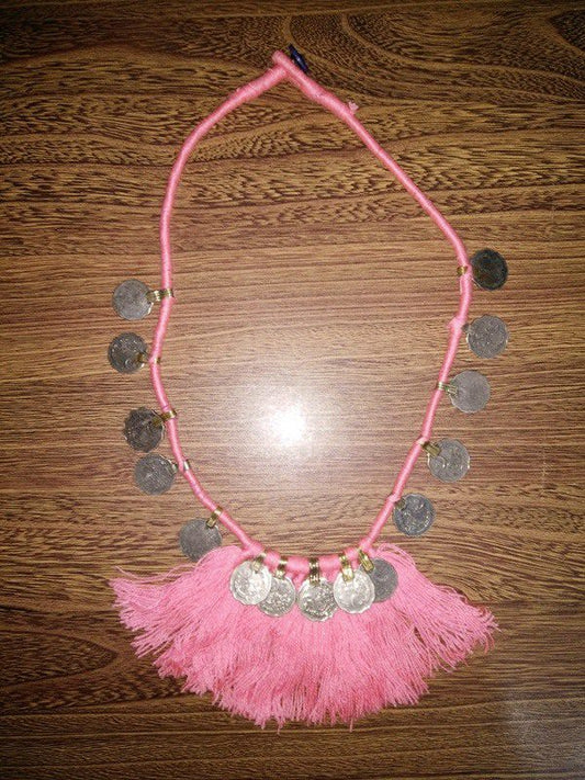 Pink Cotton Thread & Coins Necklace